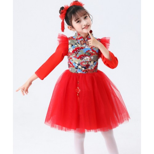 Children kids New Year's Day Tang suit cheongsam performance clothes festive open door red choir qipao chinese princess puffy skirts for girls